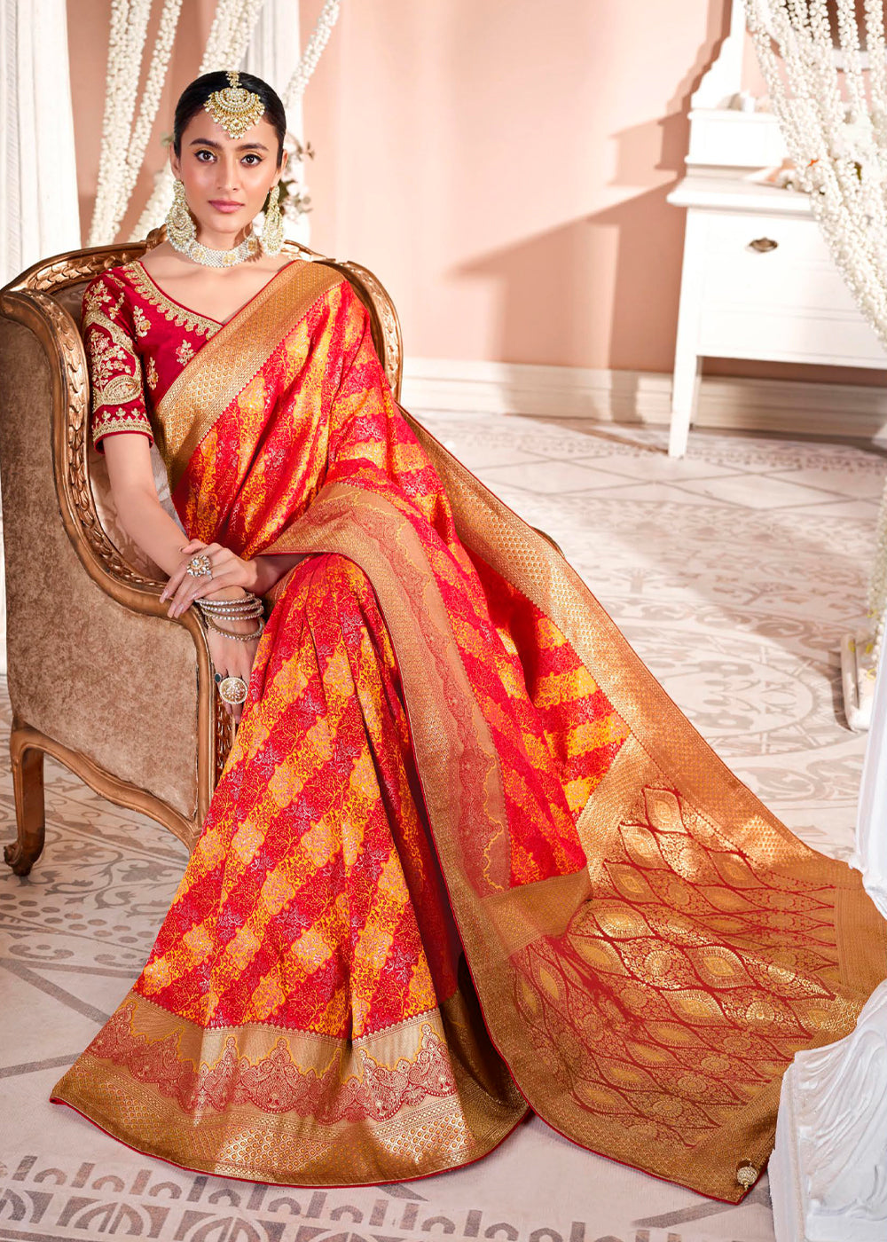 Salmon Red Zari Woven Banarasi Saree with Designer Blouse