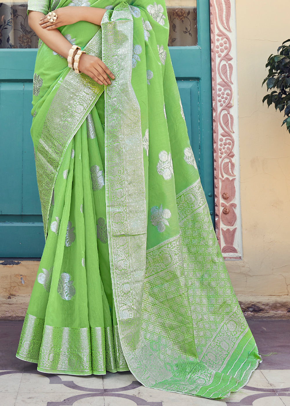 Reef Green Zari Woven Banarasi Linen Saree