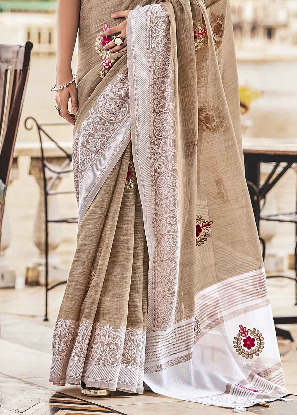 Khaki Light Brown Zari Woven Soft Linen Silk Saree