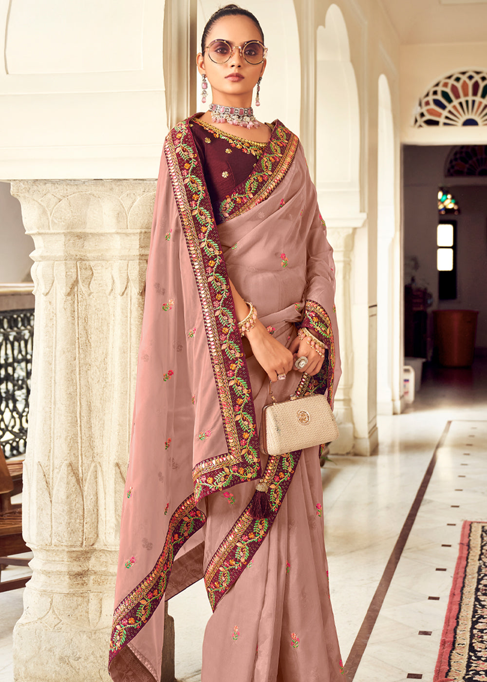 Petite Pink Woven Banarasi Georgette Silk Saree