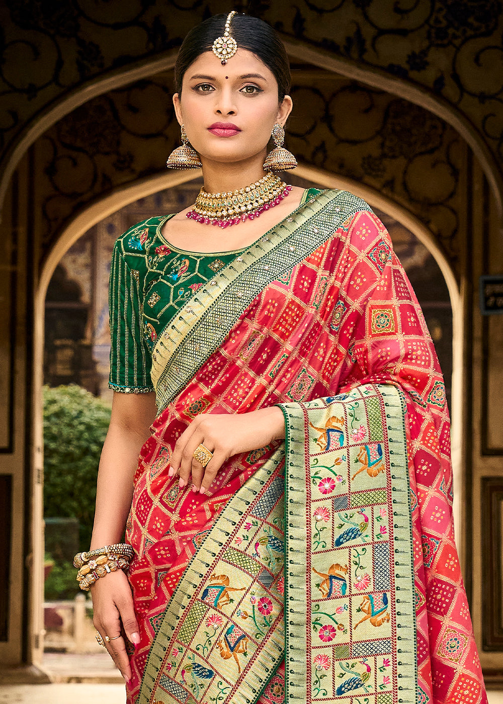 Mandy Red and Green Patola Printed Dola Silk Saree With Embroidered Blouse