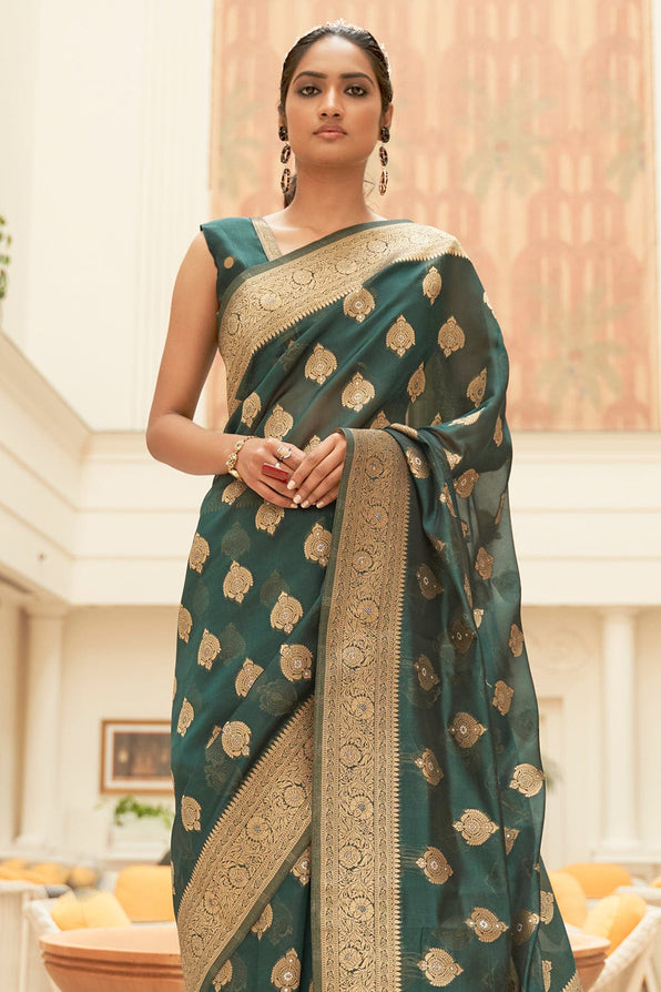 Mineral Green Zari Woven Organza Silk Saree