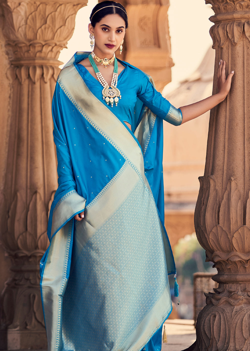 Cerulean Blue Woven Banarasi Satin Silk Saree