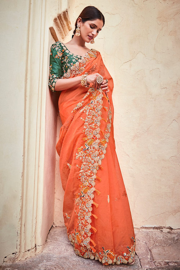 Flamingo Orange and Green Organza Saree