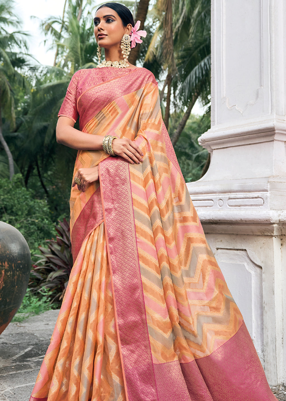 Wewak Pink and Orange Woven Organza Banarasi Silk Saree