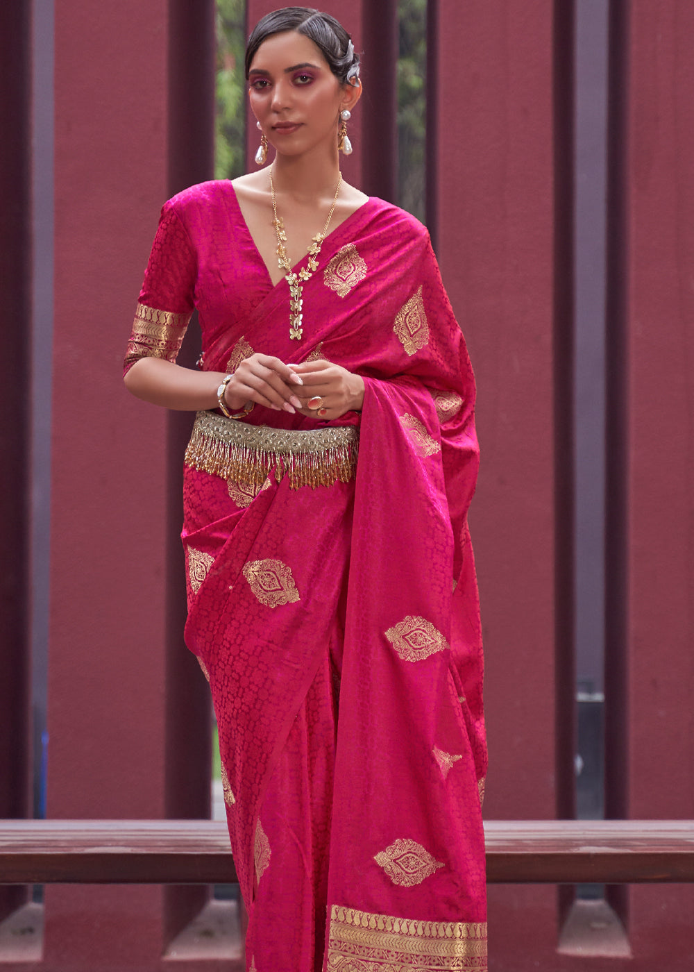 Maroon Flush Pink Banarasi Woven Satin Silk Saree