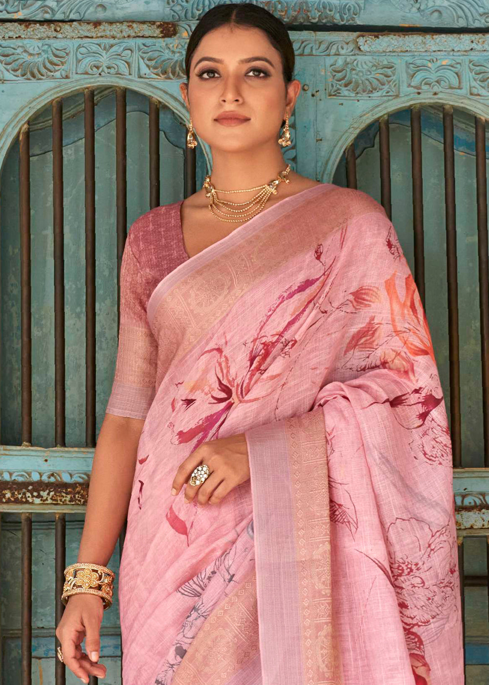 Pastel Pink Floral Printed Linen Silk Saree