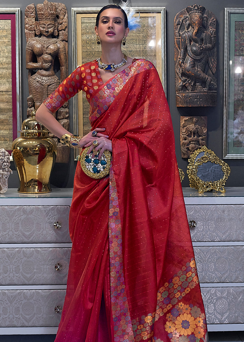 Rosewood Red Woven Dual Tone Organza Banarasi Silk Saree