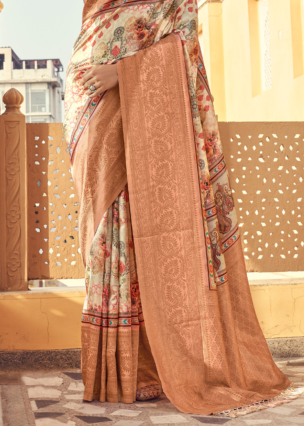 Antique White and Brown Digital Printed Jacquard Silk Saree