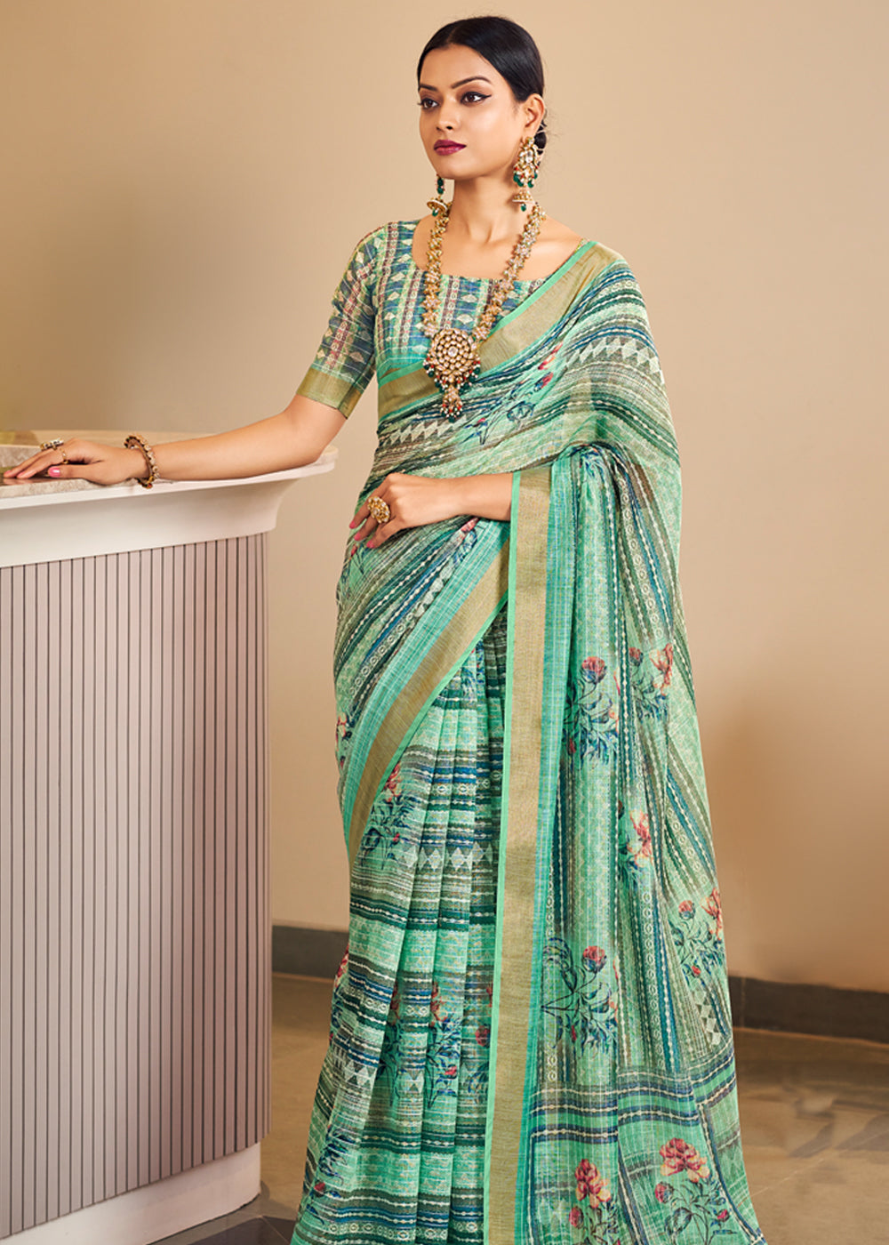 Silver Tree Green Linen Saree with Digital Print