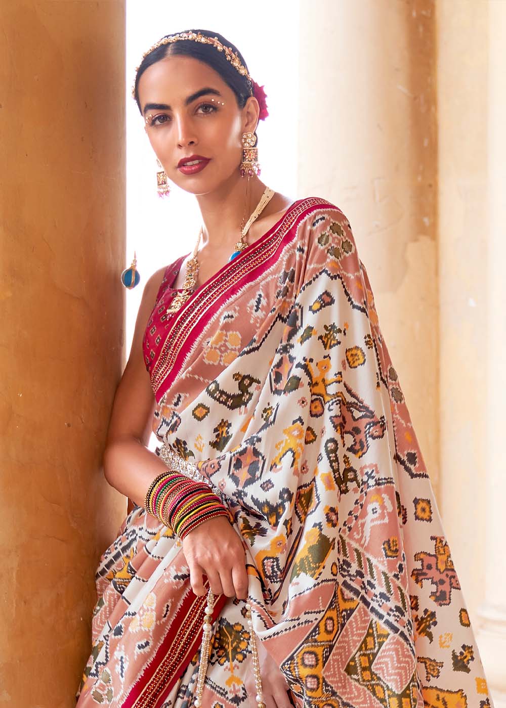 Sisal White and Red Printed Patola Saree