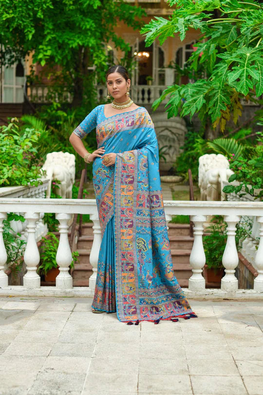 Bean Blue Kashmiri Woven Banarasi Silk Saree