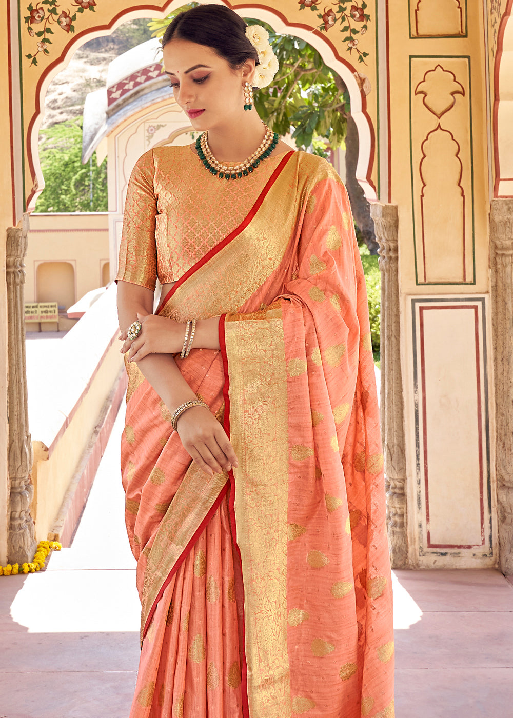 Sienna Peach Zari Woven Banarasi Linen Saree