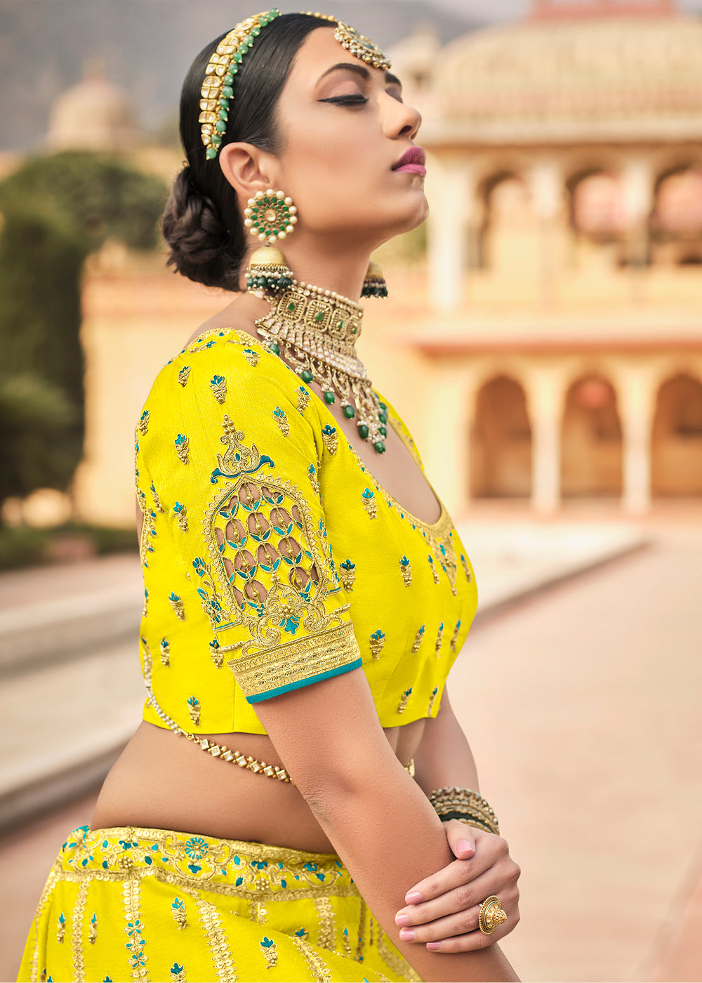 Lemon Yellow and Blue Heavy Designer Embroidered Lehenga