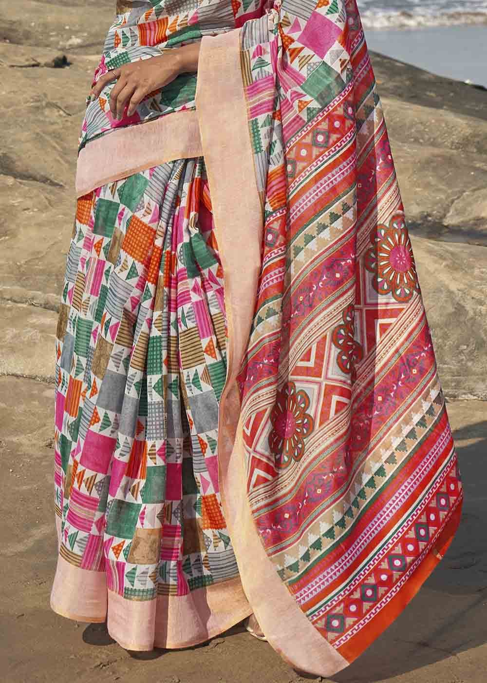 Cinnamon Multicolored Printed Cotton Saree