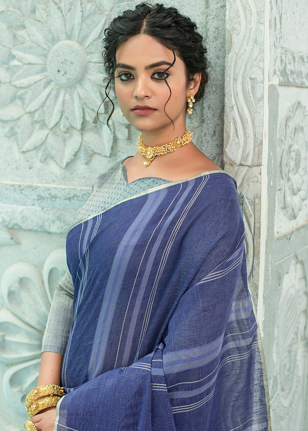 San Juan Blue Zari Woven Striped Linen Saree