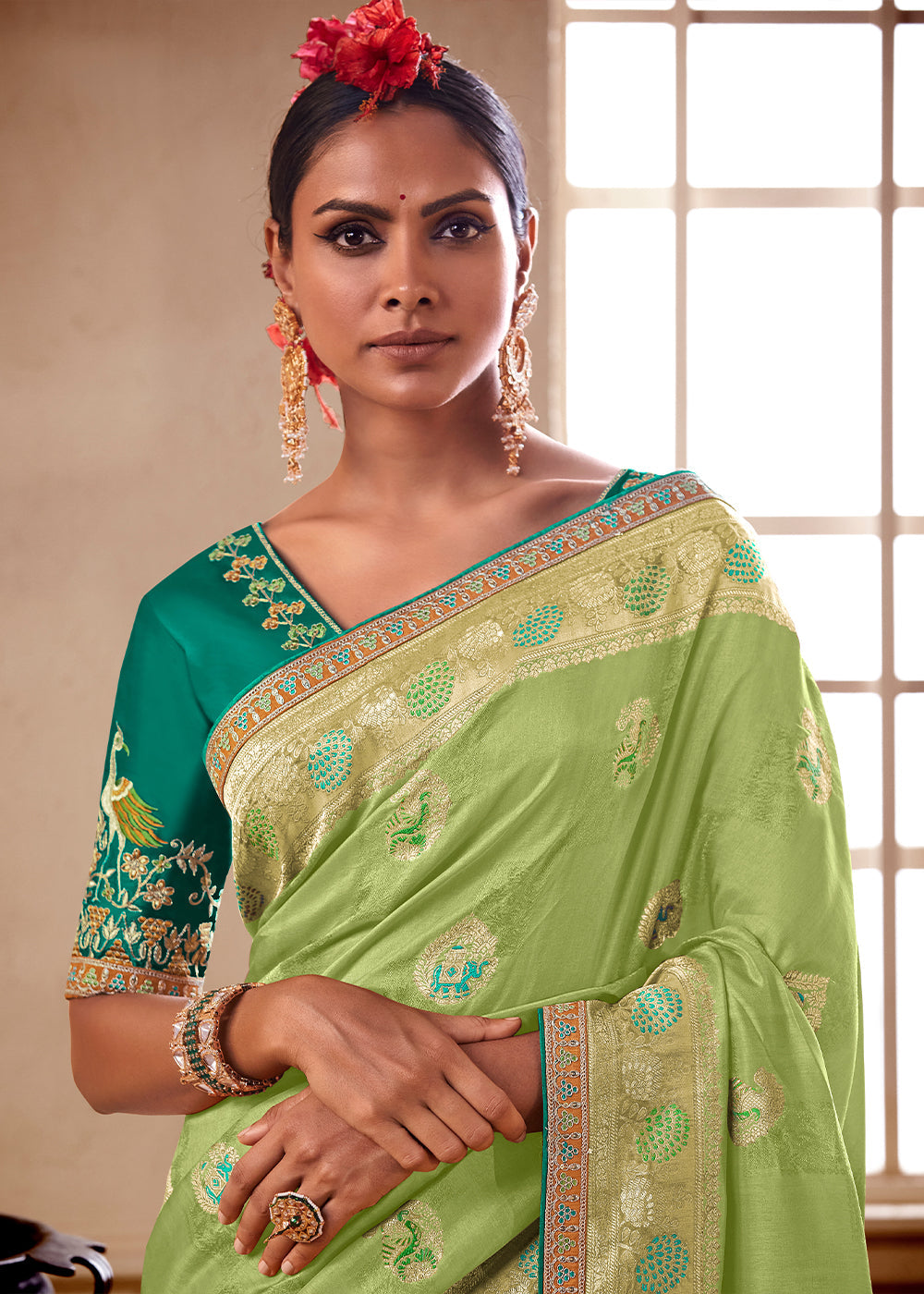 Green Smoke Banarasi Saree with Designer Blouse