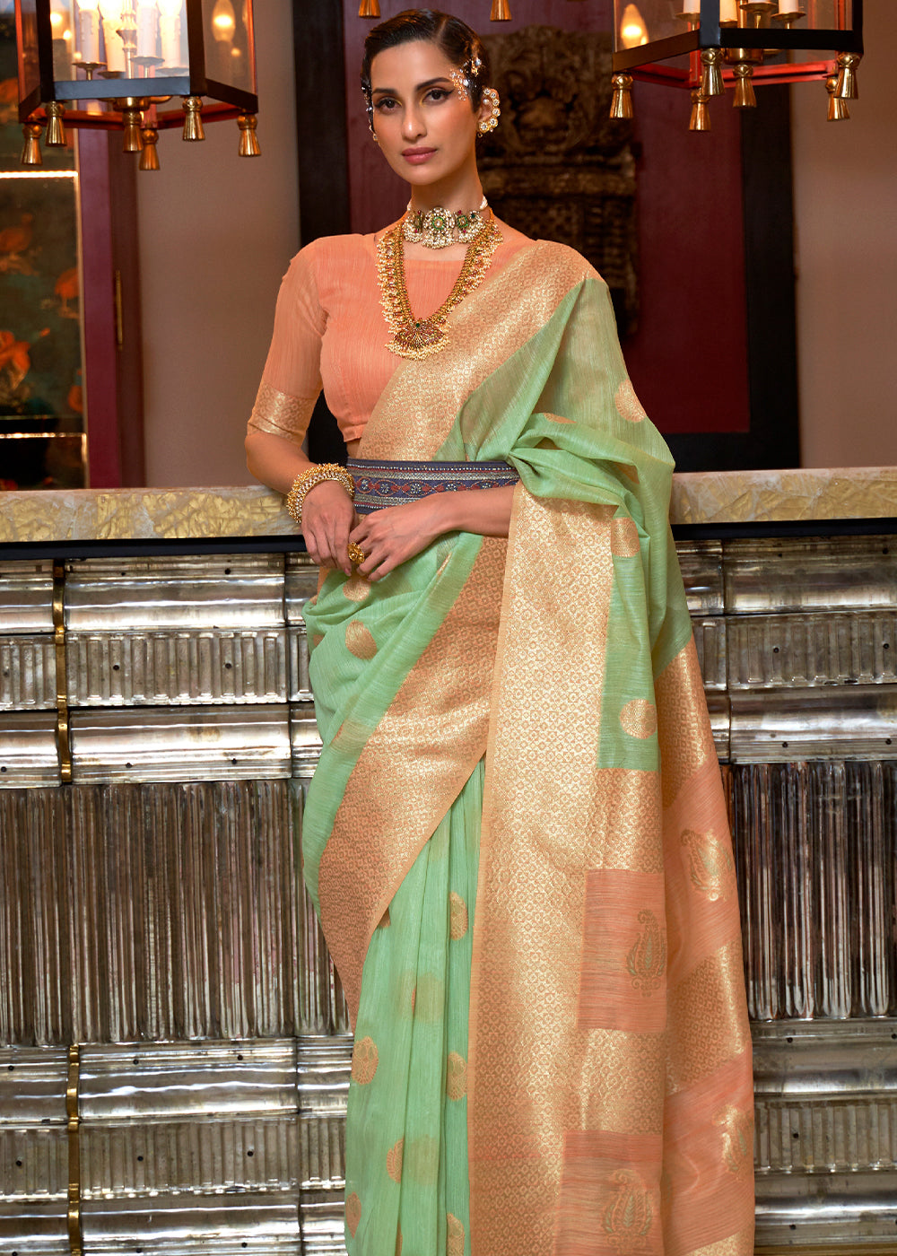 Norway Green and Peach Zari Woven Linen Saree