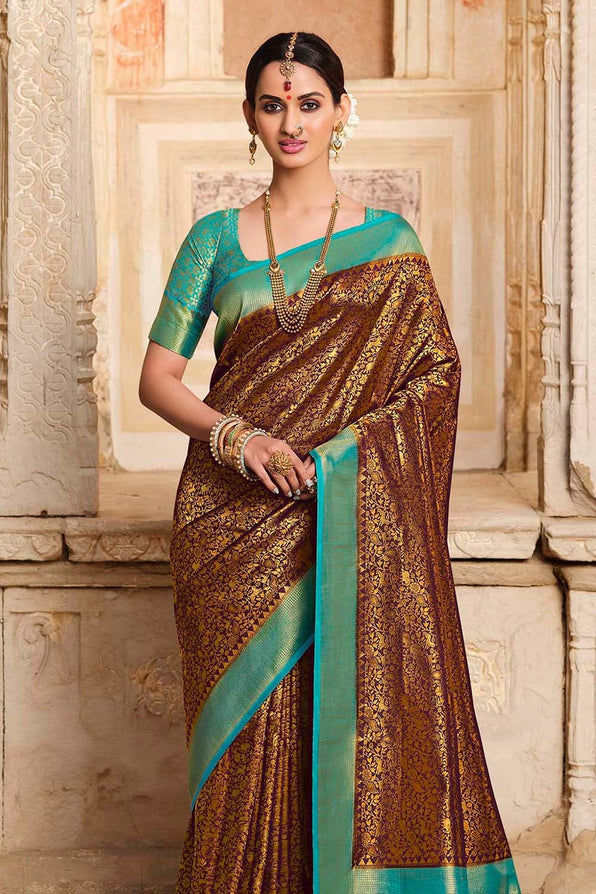 Redwood Brown and Blue Zari Woven Kanjivaram Saree