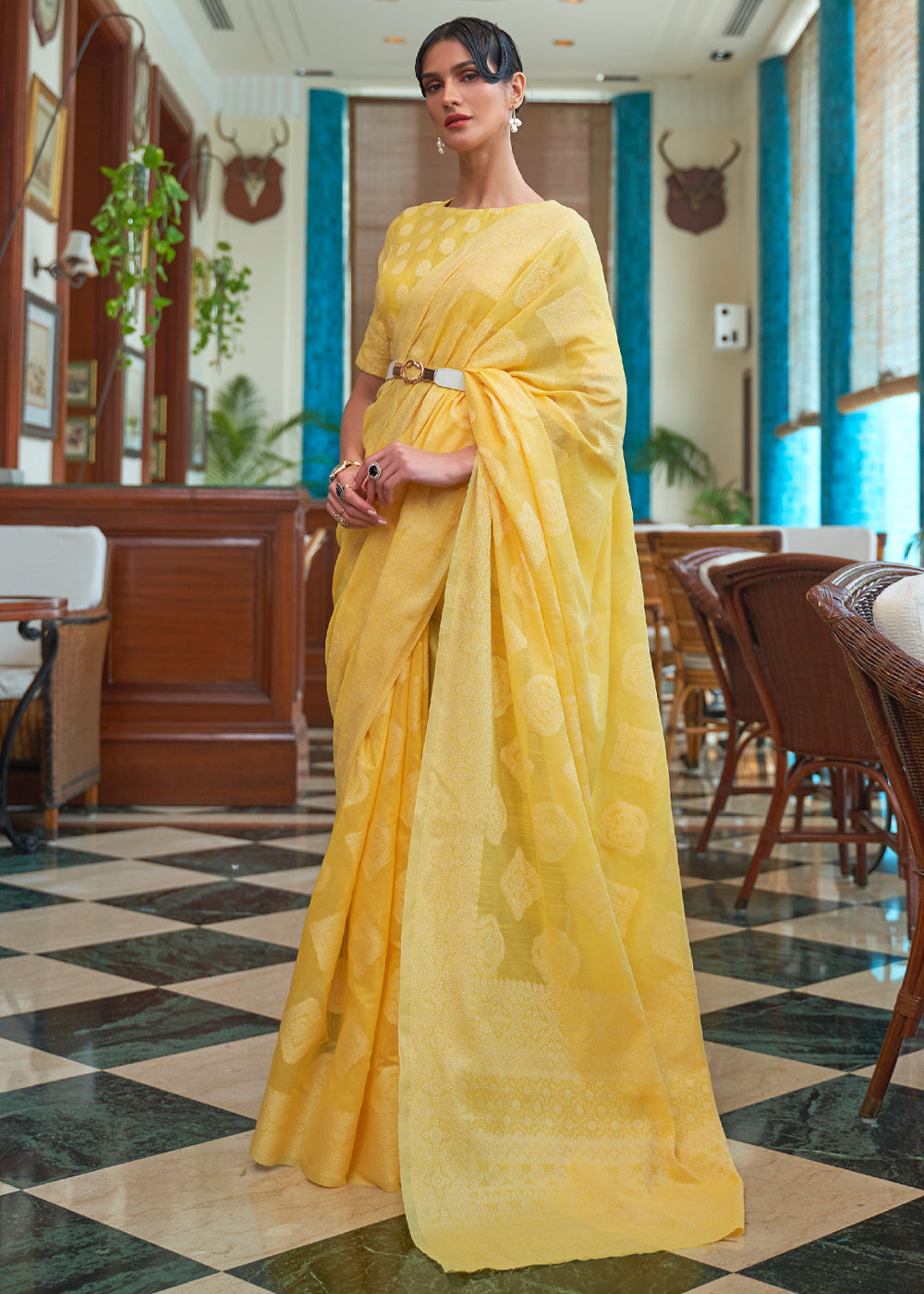 Anzac Yellow Lucknowi Chikankari Woven Saree