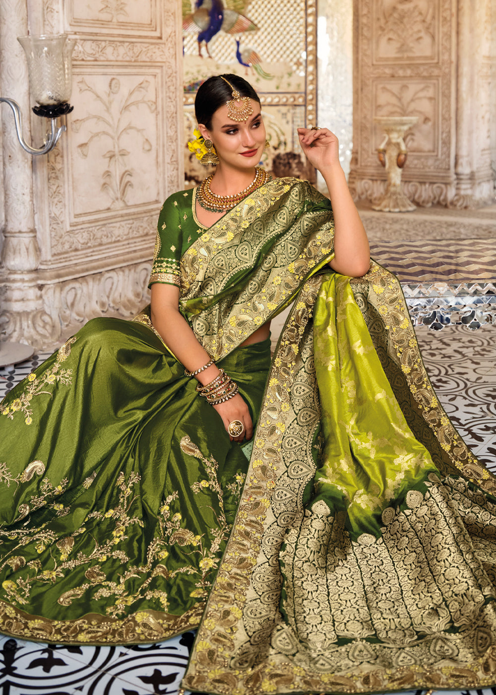 Fern Frond Green Zari Woven Designer Banarasi Saree