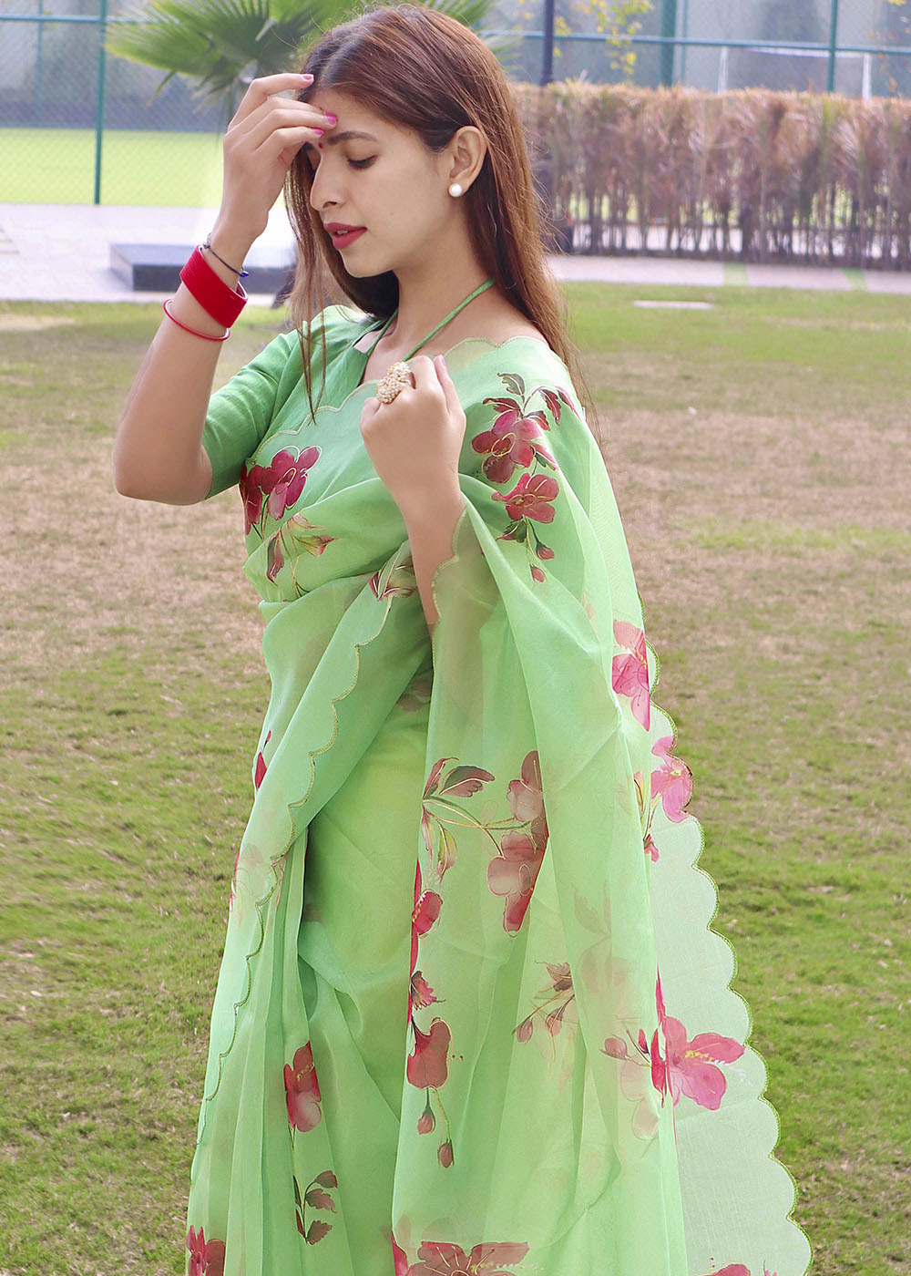 Smith Apple Green Digital Floral Print Organza Saree