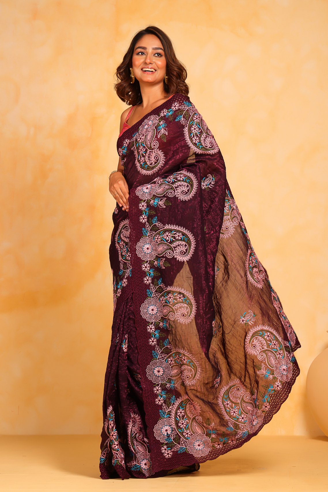 Cocao Bean Purple Embroidered Georgette Saree