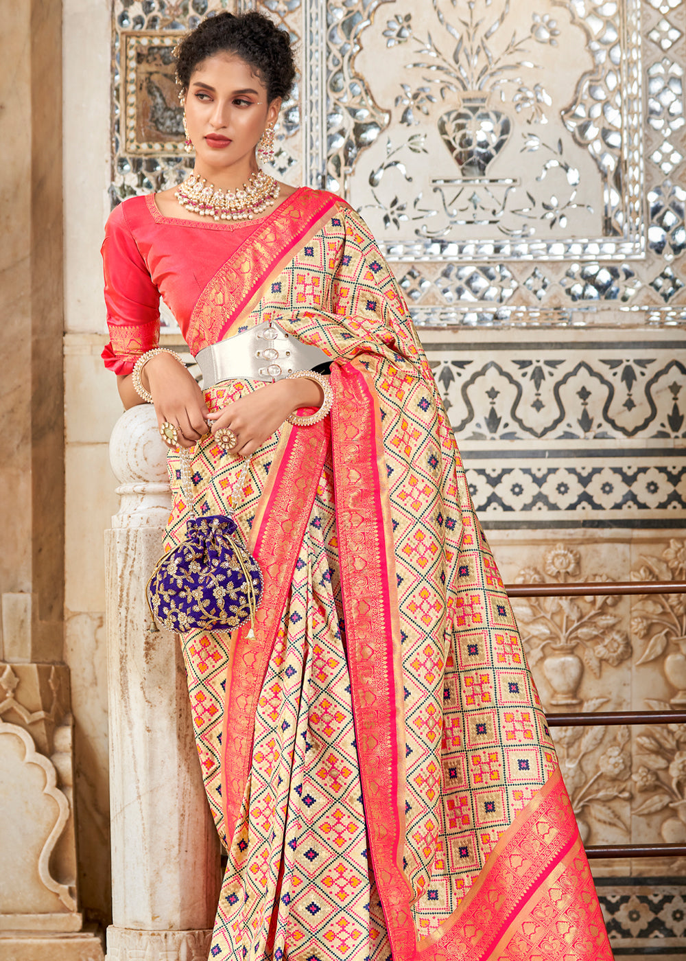 Dairy Cream and Red Zari Woven Patola Saree