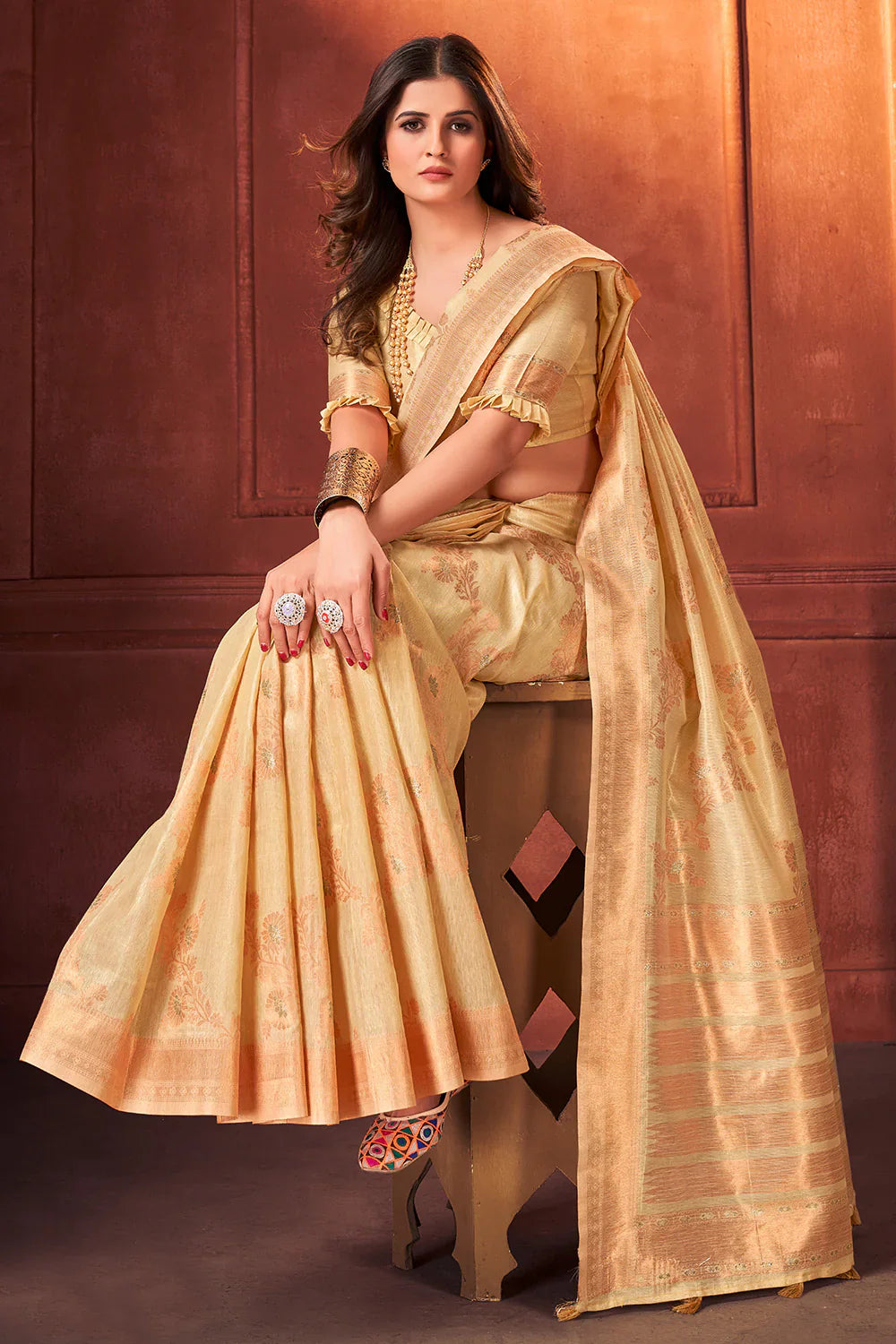 Gold Sand Cotton Tissue Silk Saree