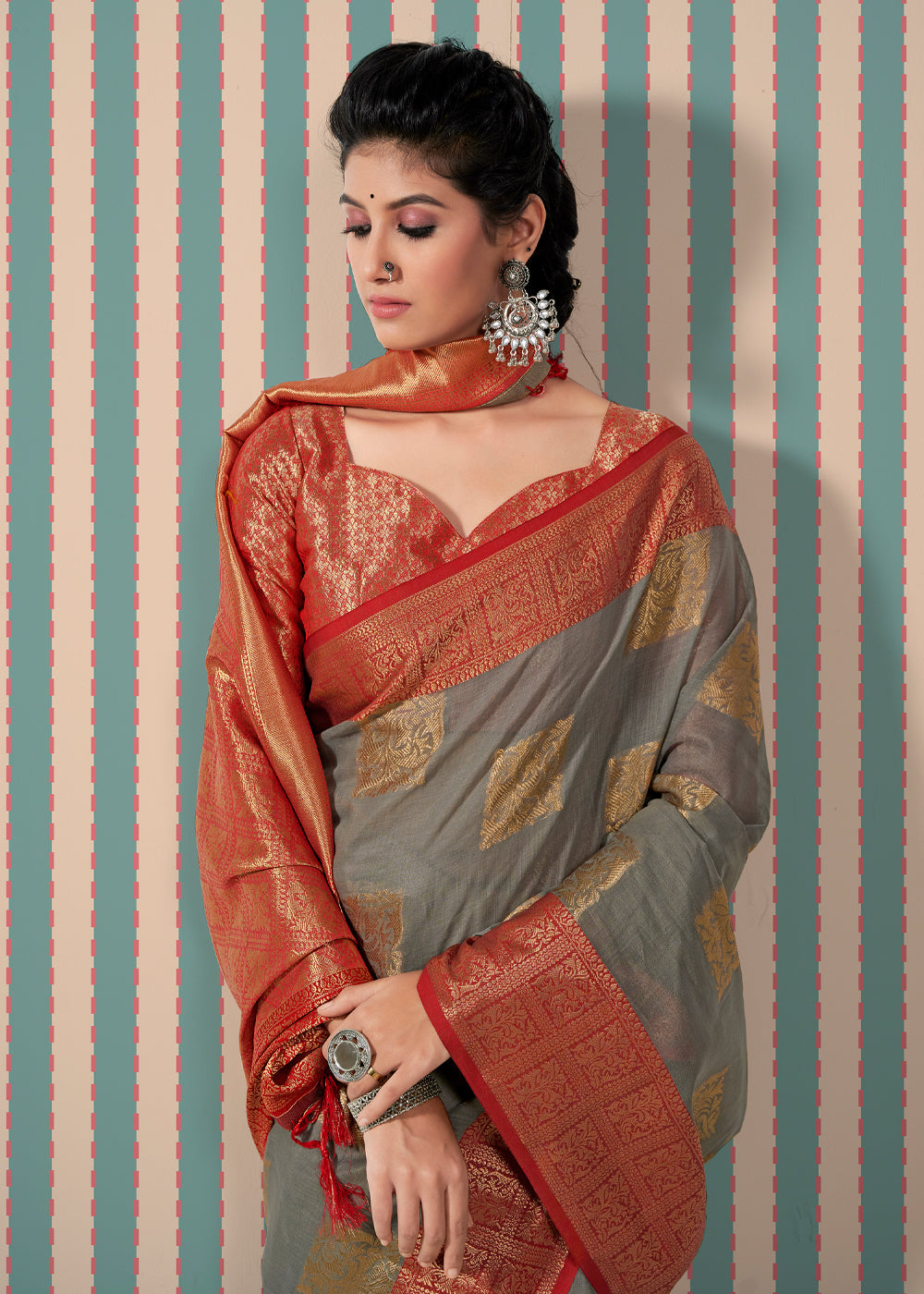 Stonewall Grey Zari Woven Banarasi Brocade Linen Saree