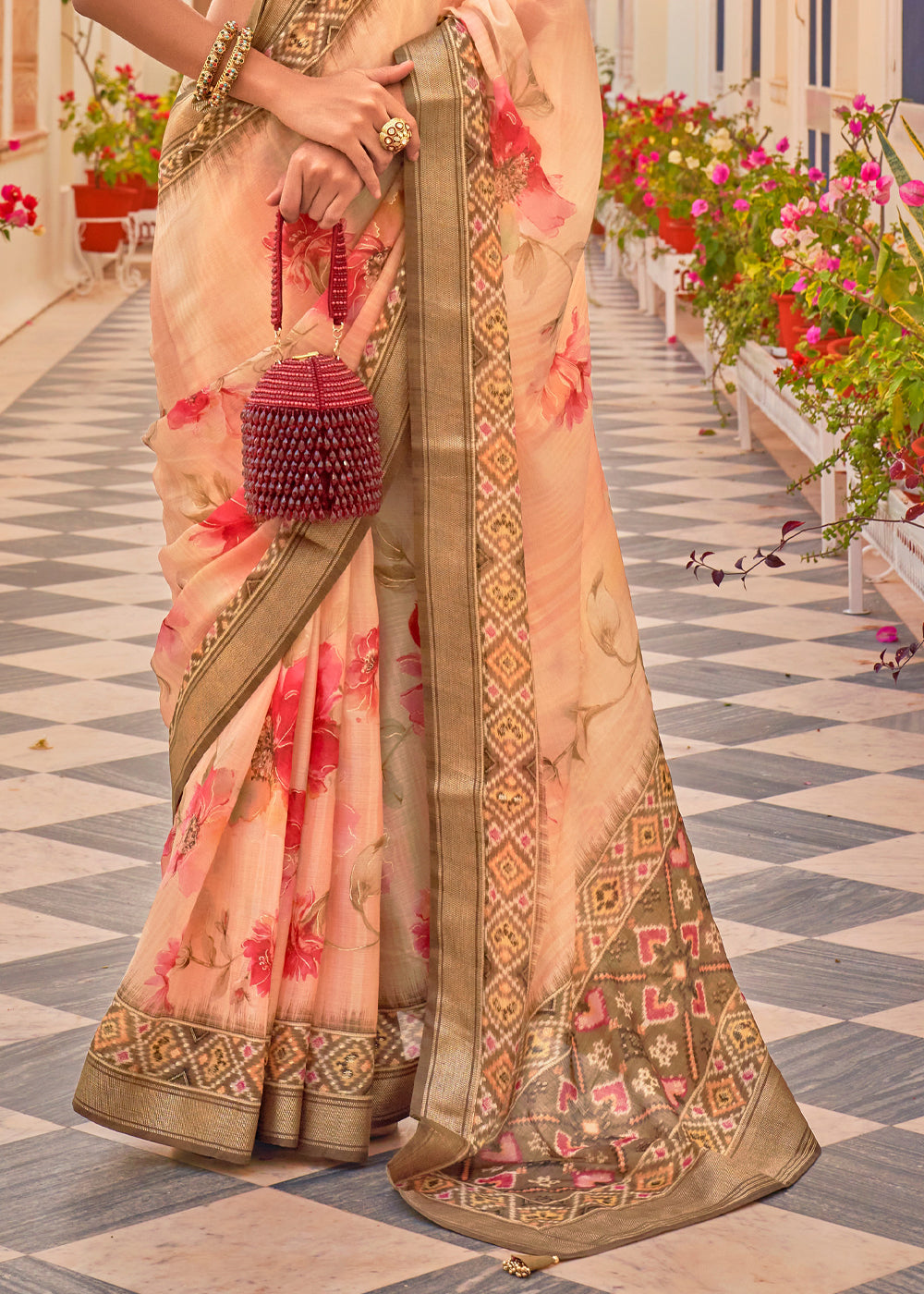 Plum Peach Woven Printed Chiffon Patola Silk Saree