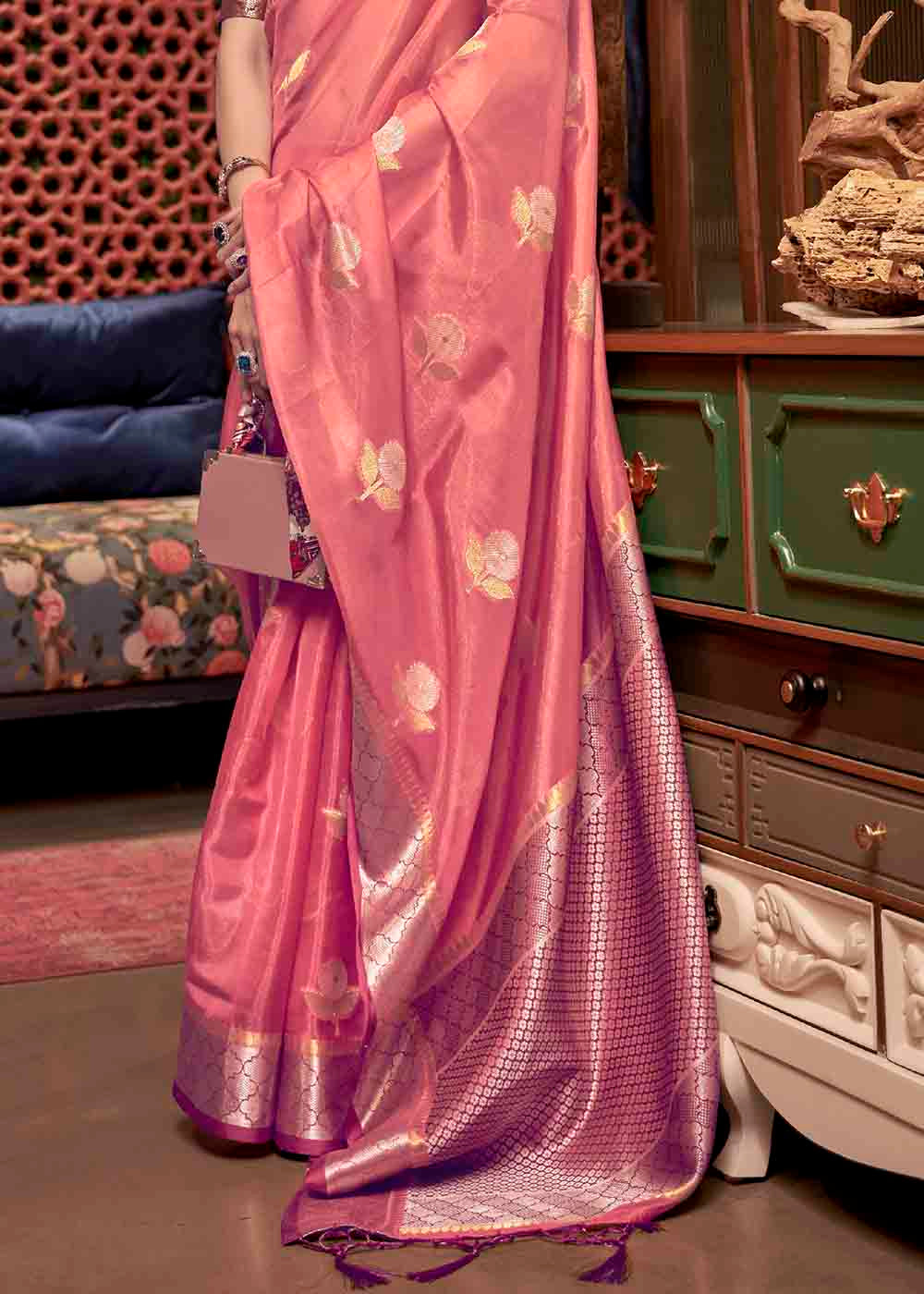 Froly Pink Zari Woven Two Tone Organza Saree