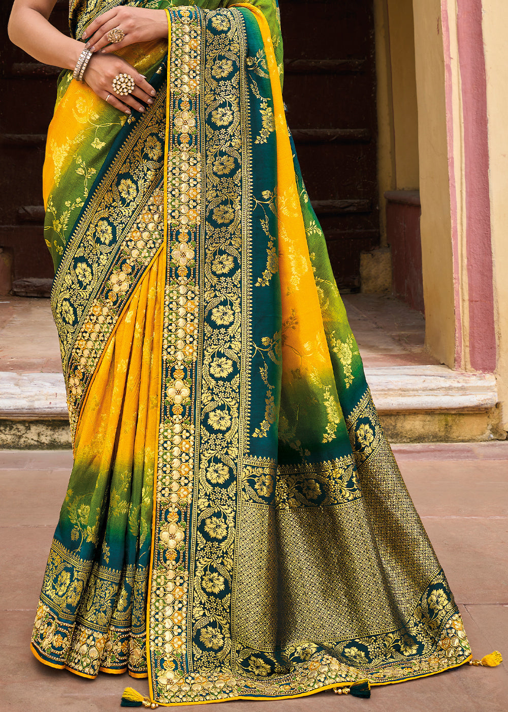 Sun Yellow and Green Embroidered Dola Silk Saree