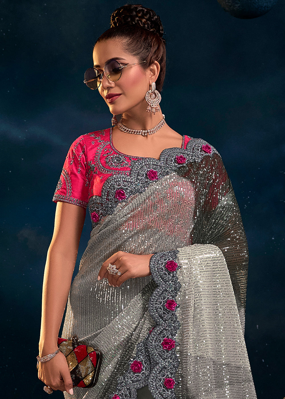 Makara Grey and Pink Designer Silk Saree