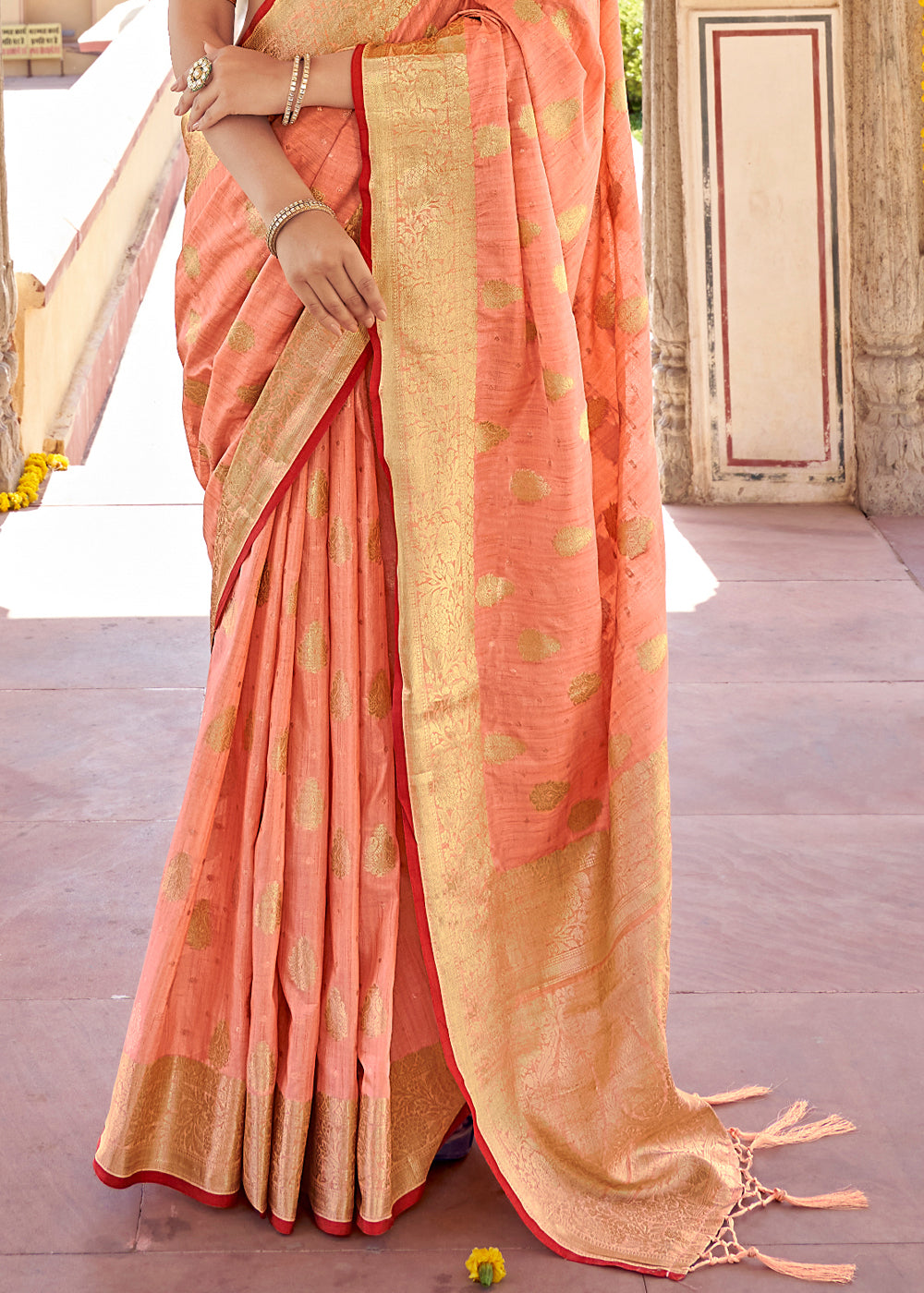 Sienna Peach Zari Woven Banarasi Linen Saree