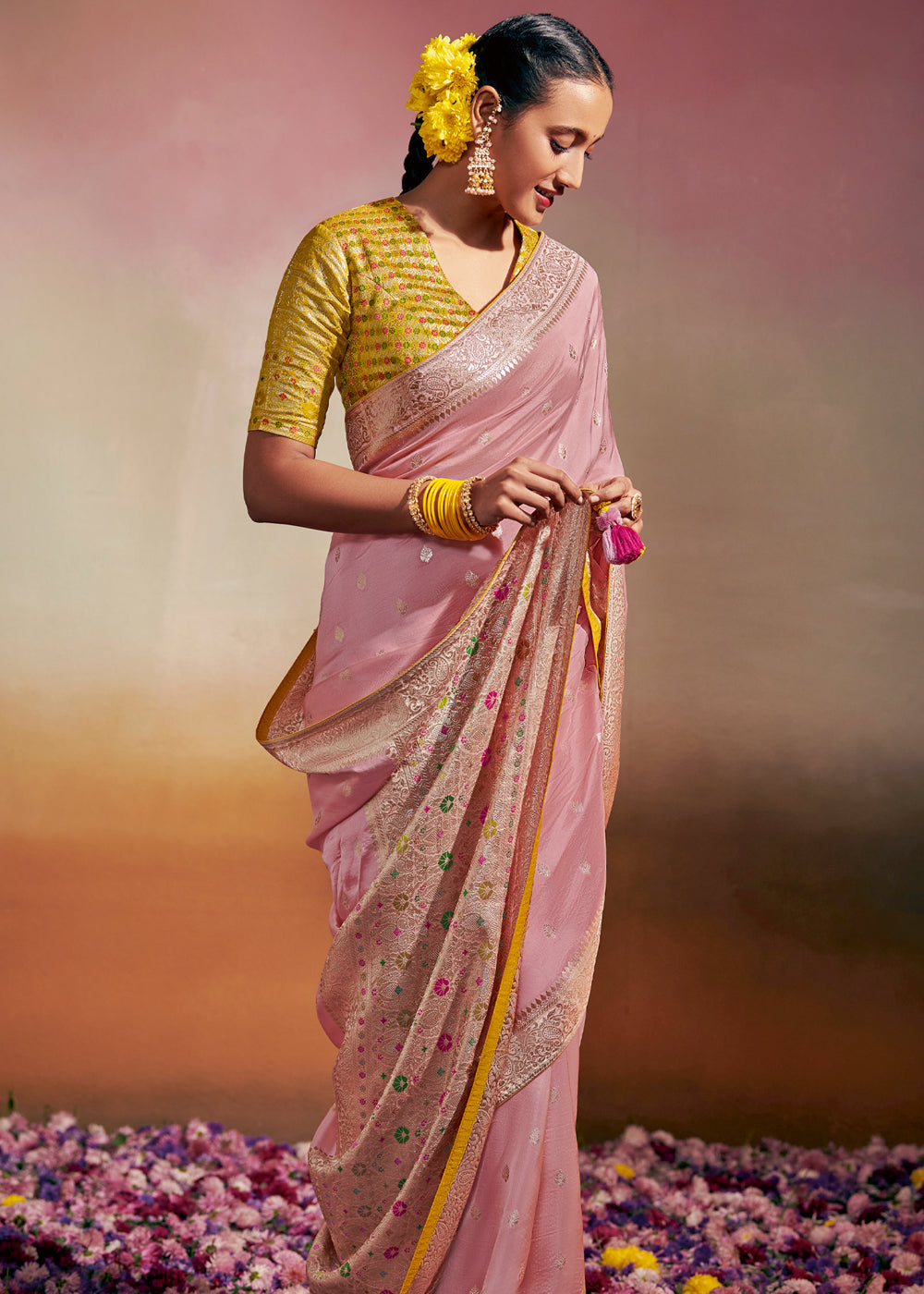 Azalea Pink and Yellow Woven Banarasi Soft Silk Saree