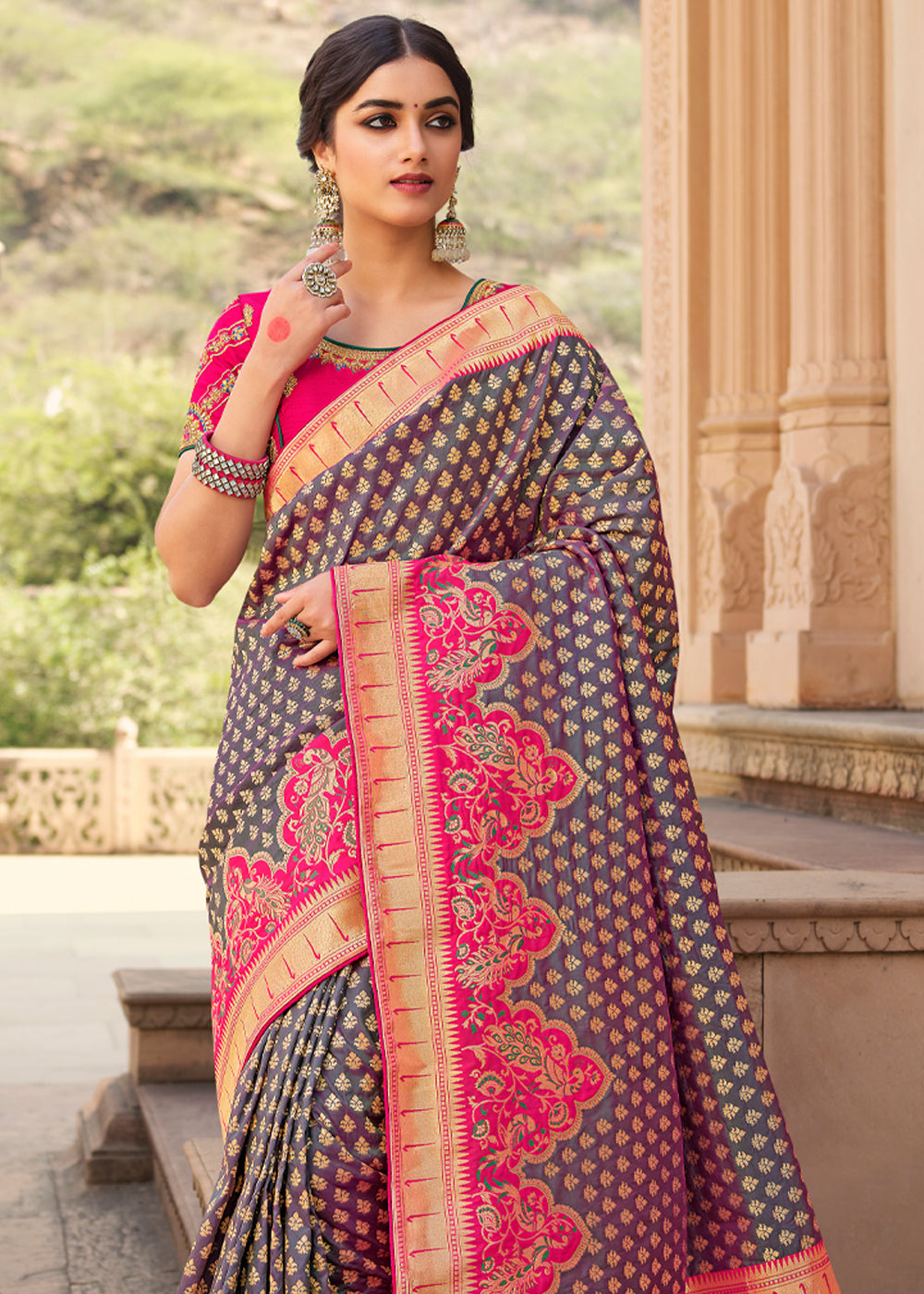 Spicy Purple and Pink Zari Woven Banarasi Saree with Designer Blouse