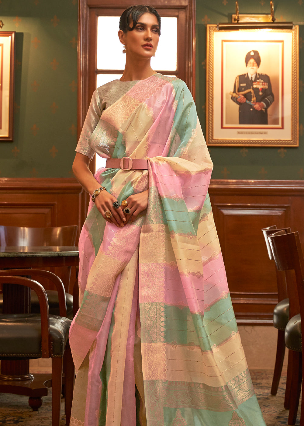 Sea Pink Blue and Yellow Zari Woven Banarasi Organza Saree