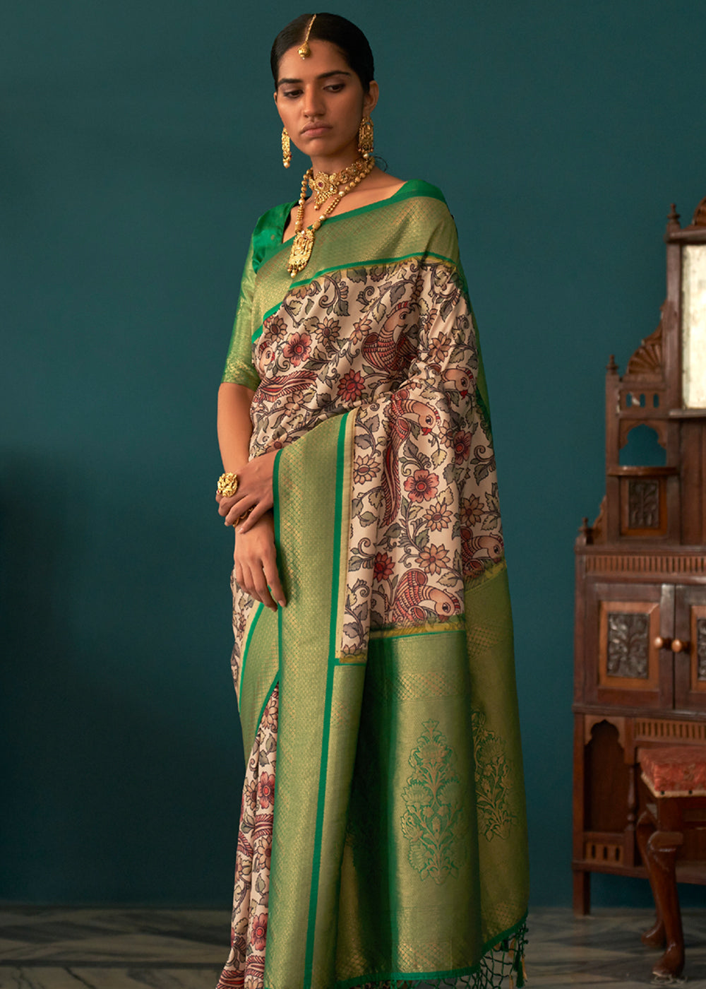 Hippie Green and White Woven Banarasi Tussar Silk Kalamkari Saree