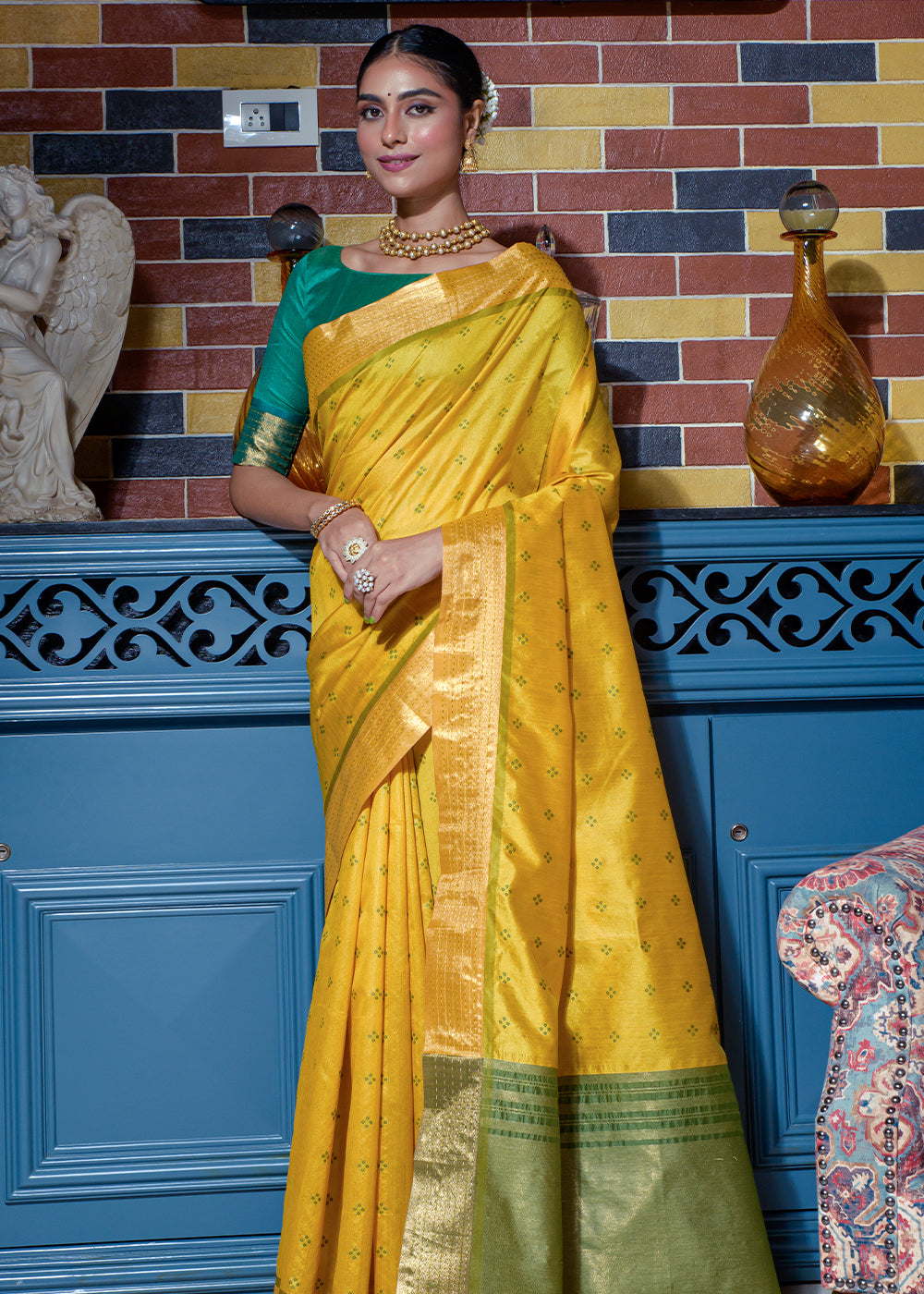 Anzac Yellow Woven Raw Silk Saree