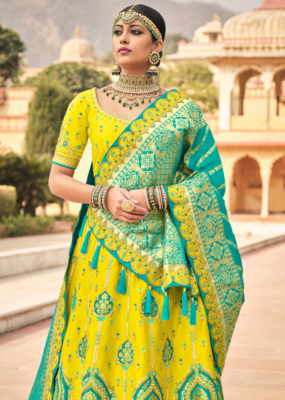 Lemon Yellow and Blue Heavy Designer Embroidered Lehenga