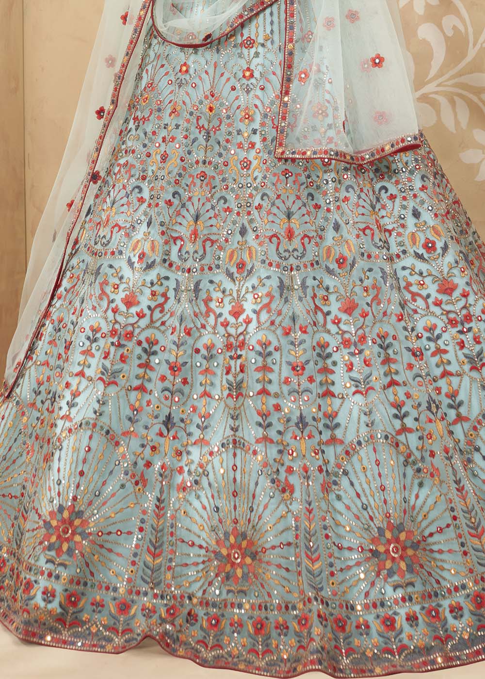 Celeste Blue Designer Net Lehenga with Multi Thread Embroidery Work