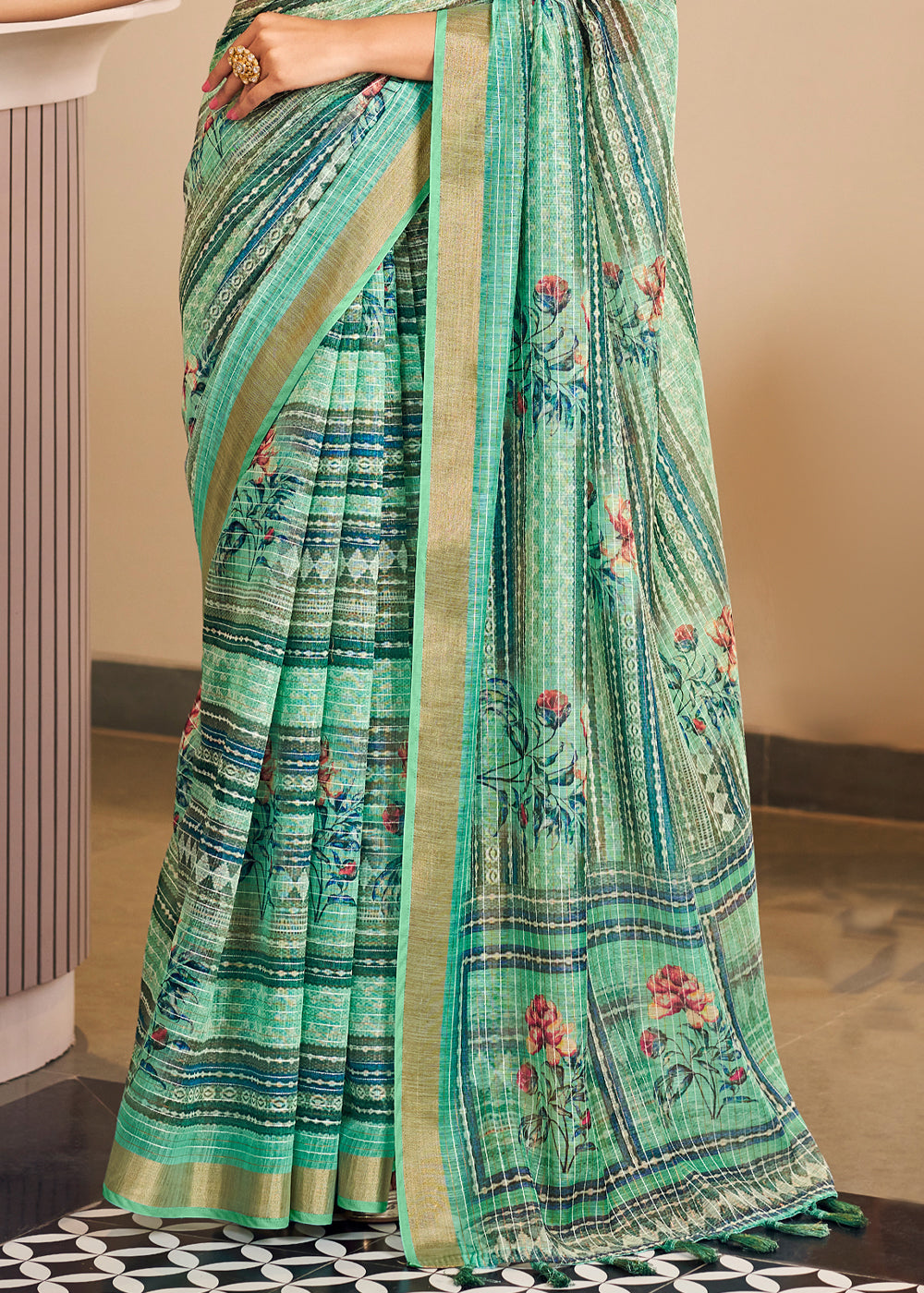 Silver Tree Green Linen Saree with Digital Print