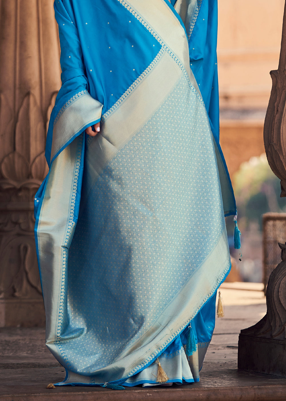 Cerulean Blue Woven Banarasi Satin Silk Saree