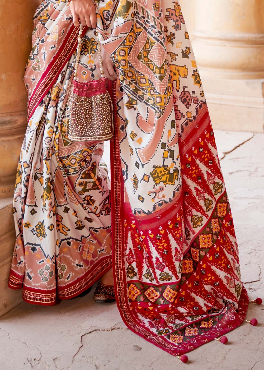 Sisal White and Red Printed Patola Saree