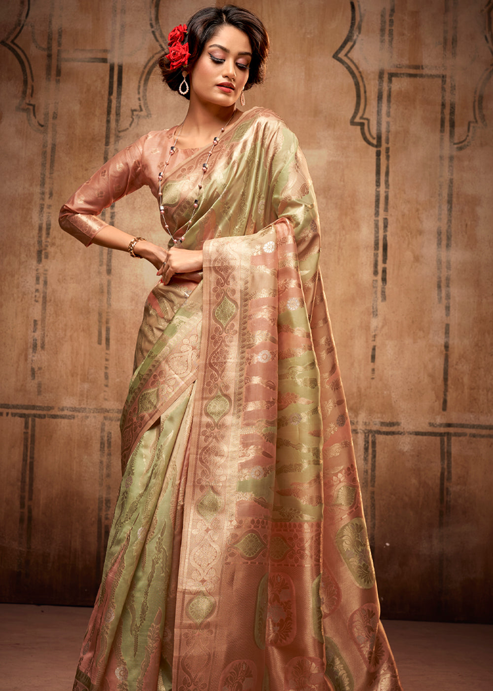 Barley Green and Peach Zari Woven Banarasi Organza Saree