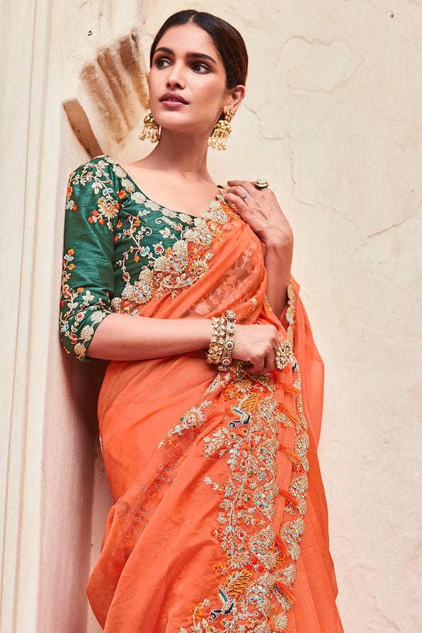 Flamingo Orange and Green Organza Saree