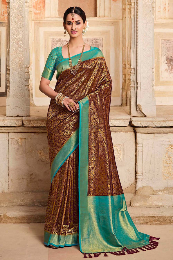 Redwood Brown and Blue Zari Woven Kanjivaram Saree