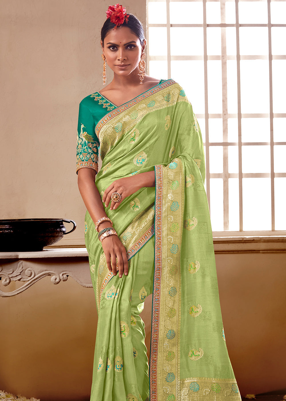 Green Smoke Banarasi Saree with Designer Blouse