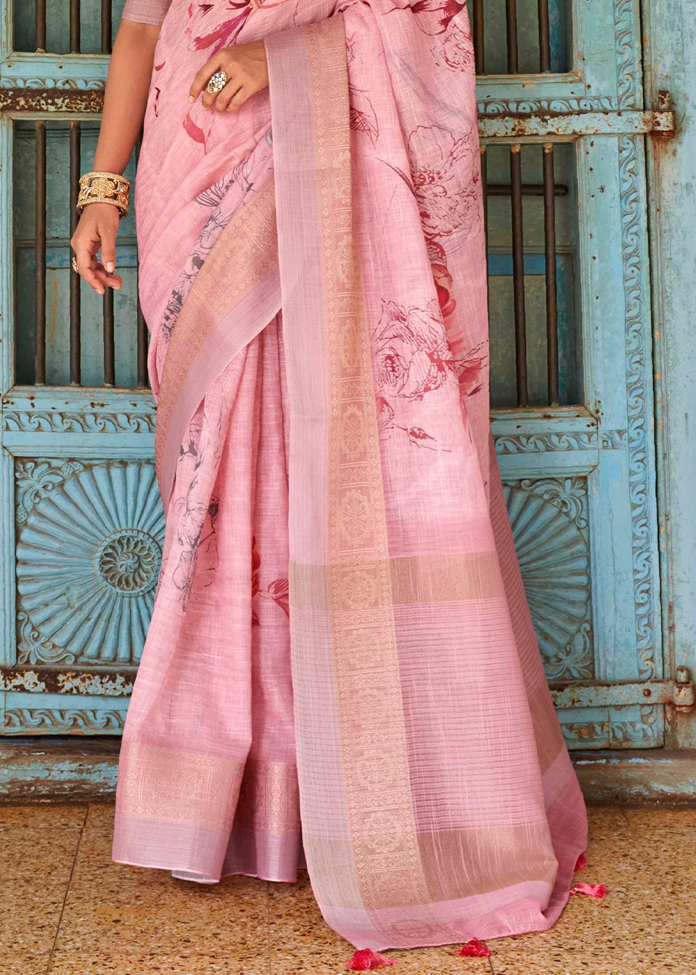 Pastel Pink Floral Printed Linen Silk Saree